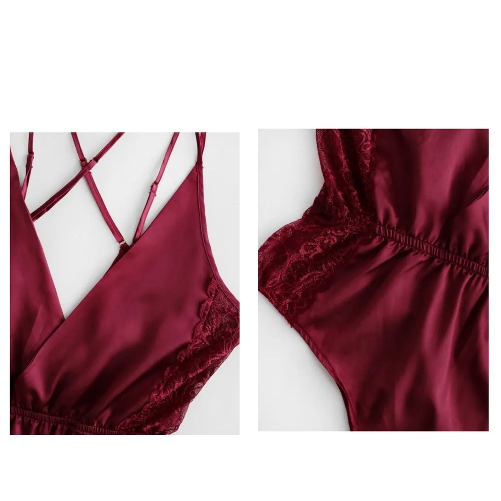 NWT Zaful Lace Insert Slip Criss Cross Bodysuit - Red Wine - Picture 5 of 11